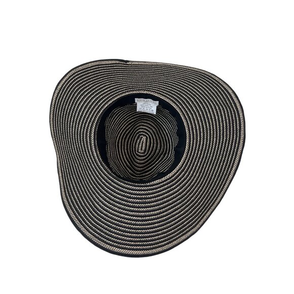 Shiraleah "Belize" Striped Black & Beige Sun Hat With Yellow Band & Pom-Poms - Picture 6 of 7